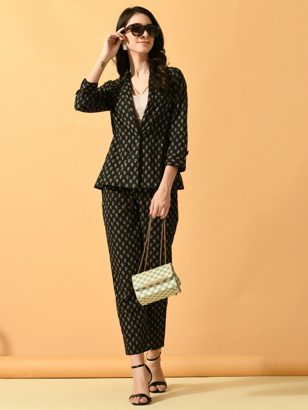 Myshka Women's Black Printed Coat With Trousers