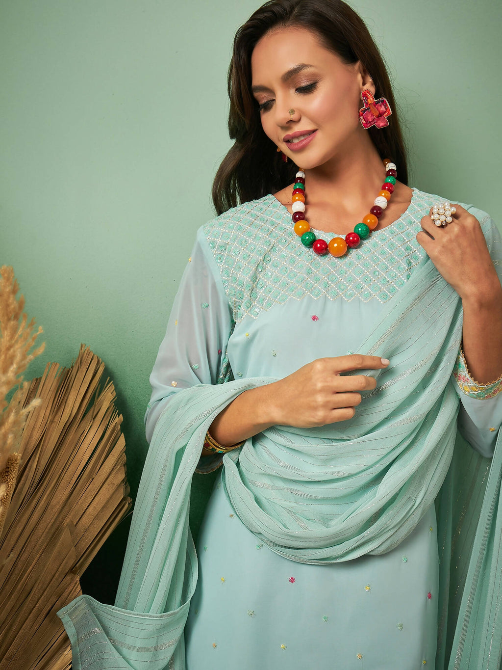 Sky Blue Georgette Handwork Unstitched Dress Material - Hanika