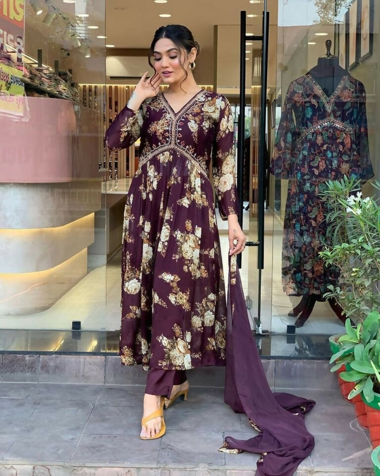 Ethnic Festive Wear Georgette Purple Stitched Suit With Dupatta - Tanisha