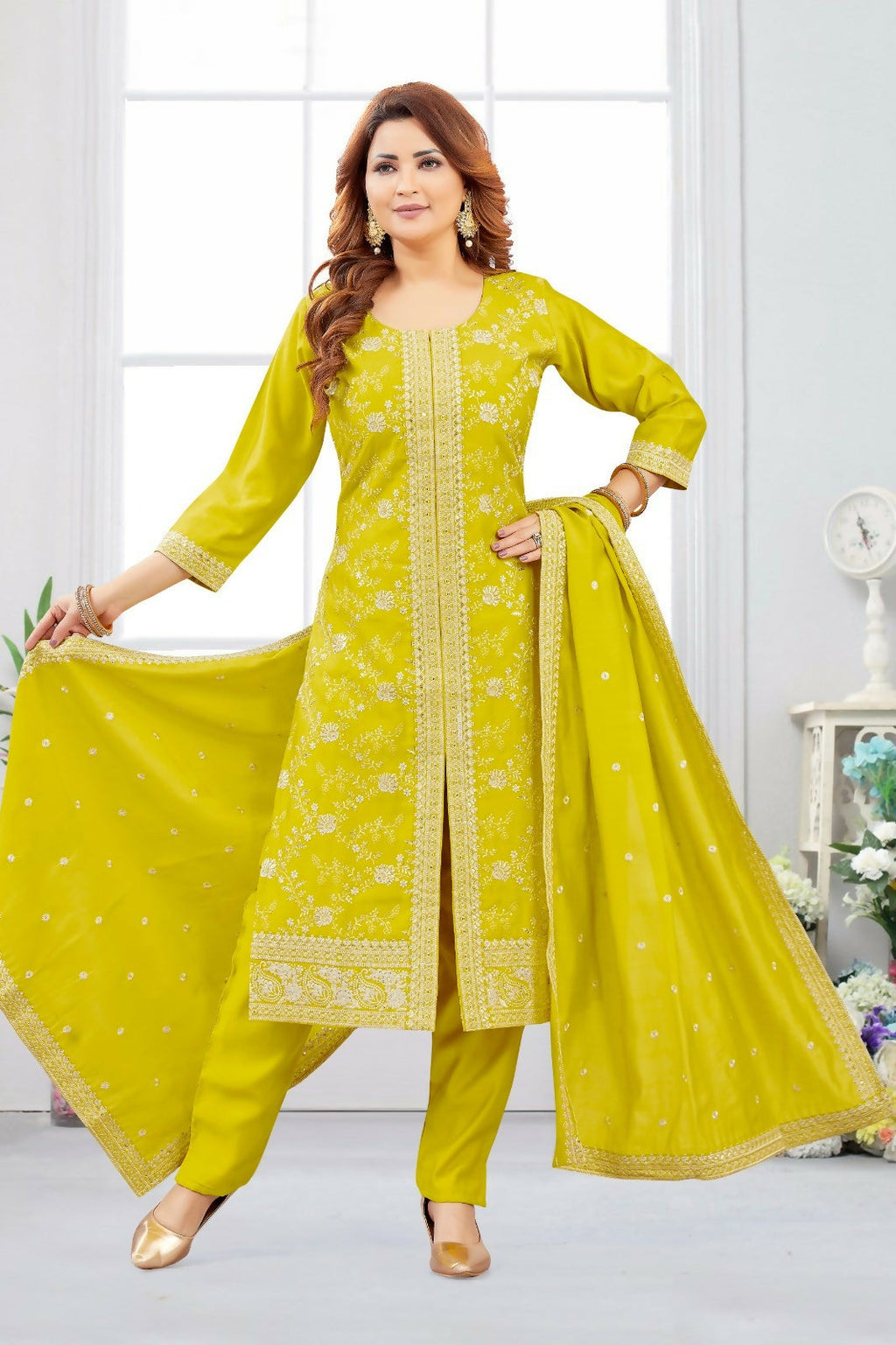 Joban Fashion Chanderi Lil Green Color Kurta Set