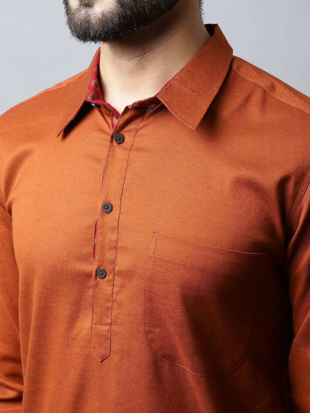 Even Apparels Brown Color Pure Cotton Solid Men's Kurta With Shirt Collar (SLD1137)