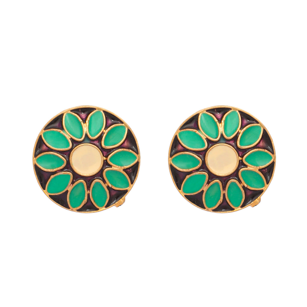 Nuyug 22K Gold Plated Circular Shaped Sea Green Enamelled Floral Motif Studs