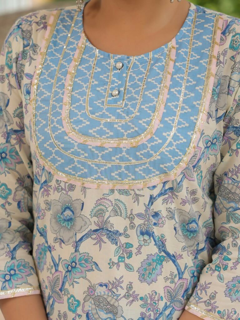 Aramya Straight Soft Cotton Floral Print Women's Kurta - Blue