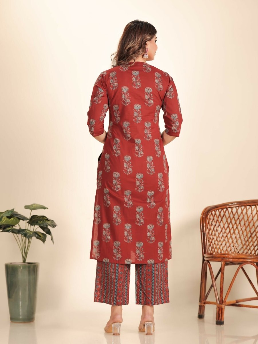 Aramya Maroon Soft Cotton Floral Print Straight Kurta Set for Women