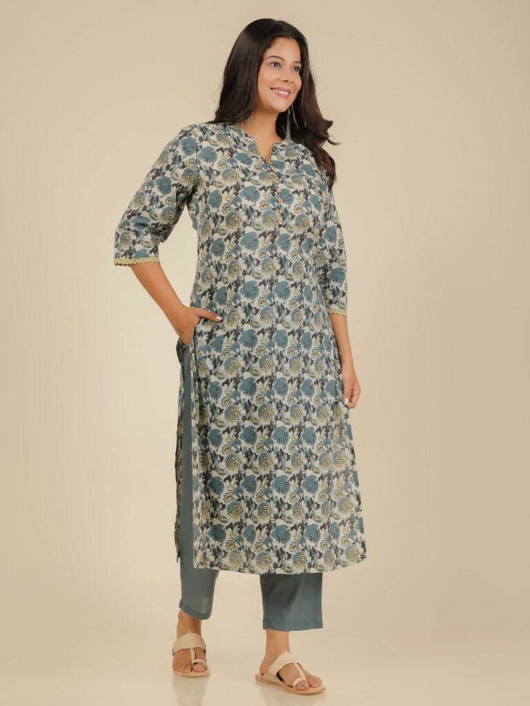 Aramya Straight Soft Cotton Floral Print Women's Kurta Set - Grey
