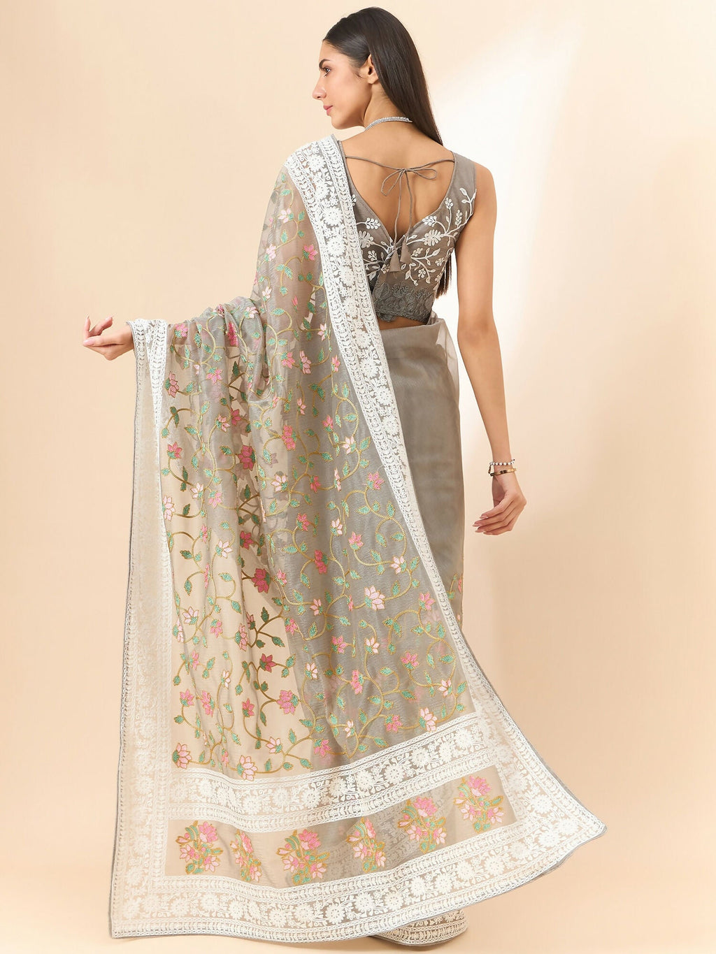 Grey Organza Floral Embroidered Saree with Unstitched Blouse Piece - Roozal