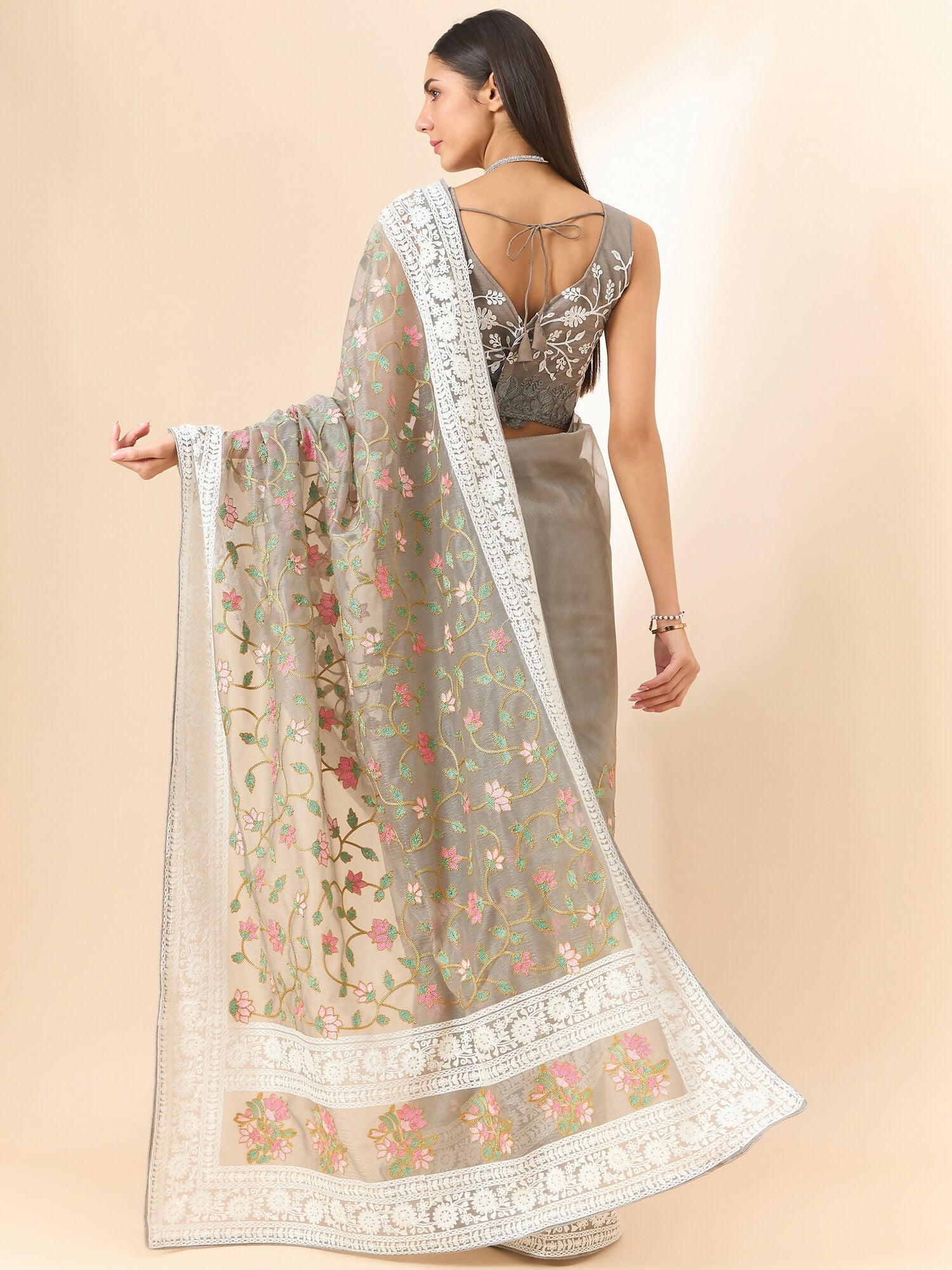 Grey Organza Floral Embroidered Saree with Unstitched Blouse Piece - Roozal