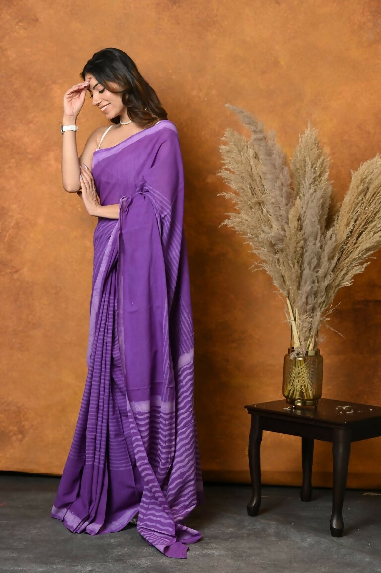 Very Much Indian Pure Cotton Handblock Printed Saree With Natural Dyes - Purple