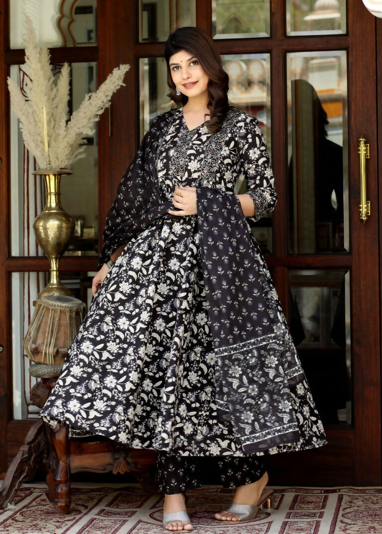 Miravan Women's Black Cotton Embroidered Attractive Anarkali Kurta And Palazzo With Dupatta Set