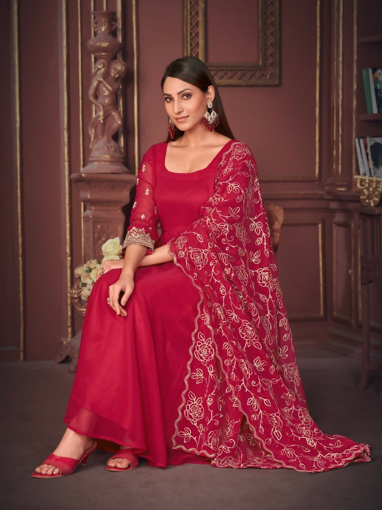 Jyoti Fashion Women's Rani Pink Georgette Embroidered Anarkali Kurta Pant Set With Dupatta