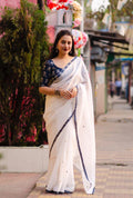 White Pure Linen Ethnic Motifs Saree with Unstitched Blouse - A2M