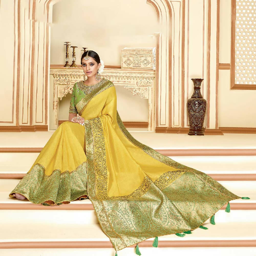 Yellow Satin Silk Zari Embroidery, Laser Cut Borders, Tassels Saree - Norita Alankrita