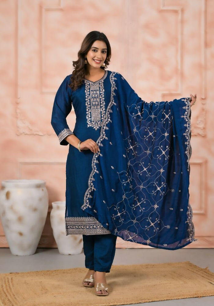 Ethnic Festive Wear Slik Petrol Stitched Suit With Dupatta - Anbazaar