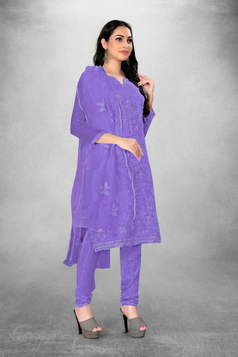 Lavender Heavy Organza Silk Embroidered Unstitched Dress Material - Amara
