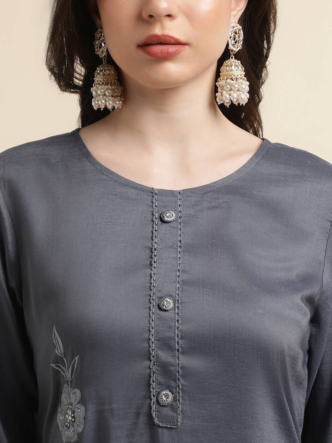 Grey Chinon Silk Embroidered Straight Kurta with Trouser & Dupatta - Salimar