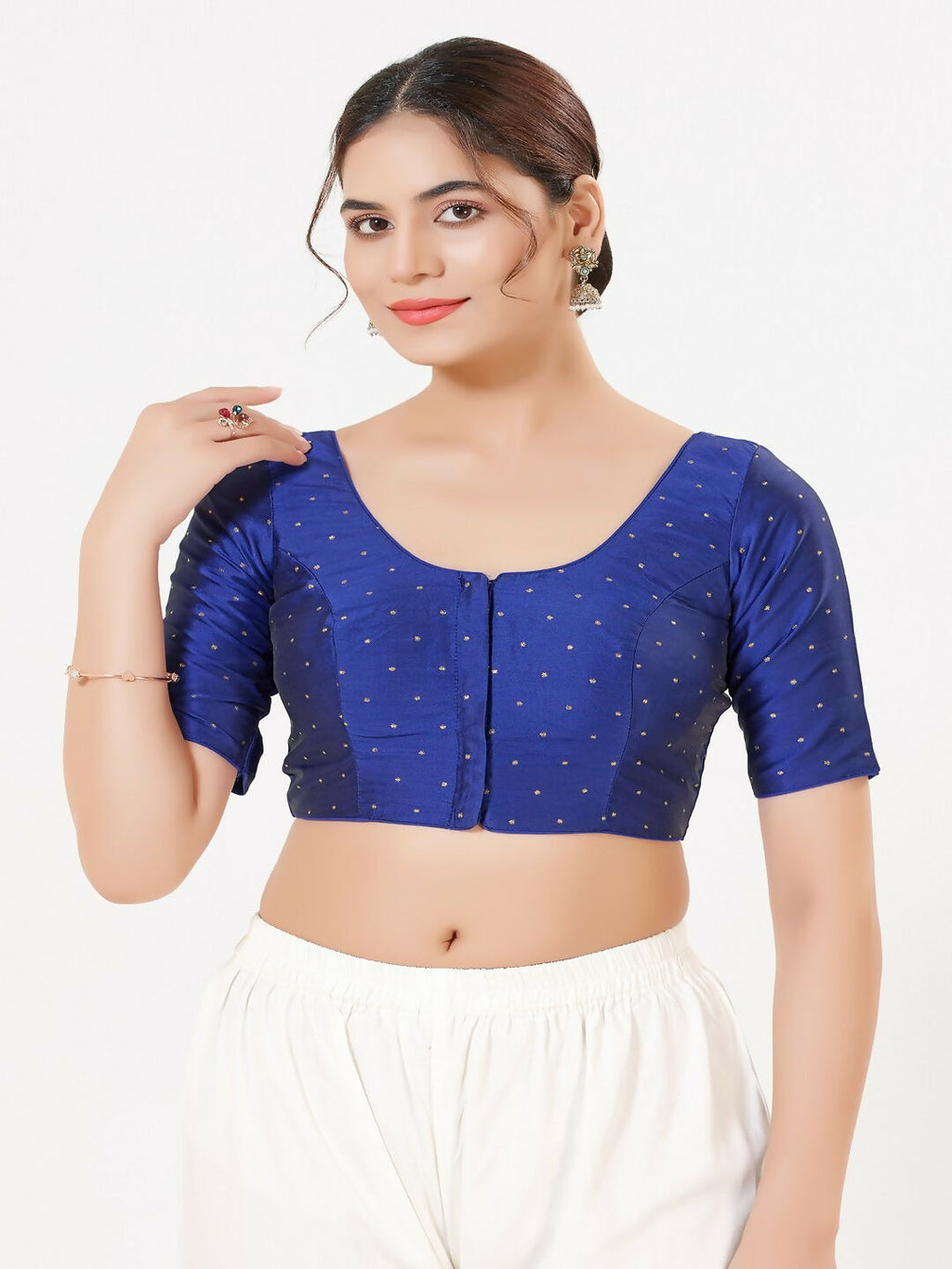 Joban Fashion Royal-Blue Taffeta Silk Elbow Sleeveless Front Open Blouse