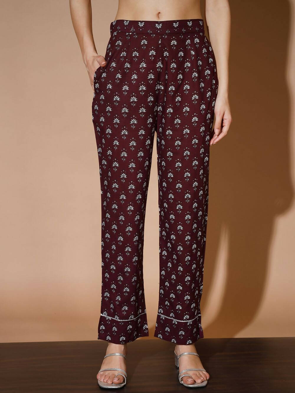 Myshka Women Rust Floral Kurta & Trousers