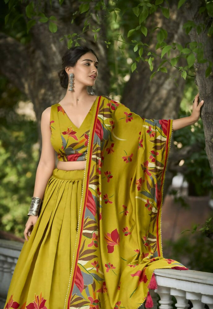 Vastranavya Polyester Viscose Chanderi Lehenga Choli With Intricate Print And Dupatta - Mustard