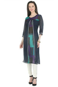 Women's Navy Round Neck Kurti With Double Panel, Silver Lace - G & A Apparels
