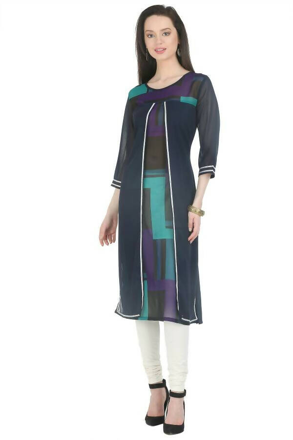 Women's Navy Round Neck Kurti With Double Panel, Silver Lace - G & A Apparels