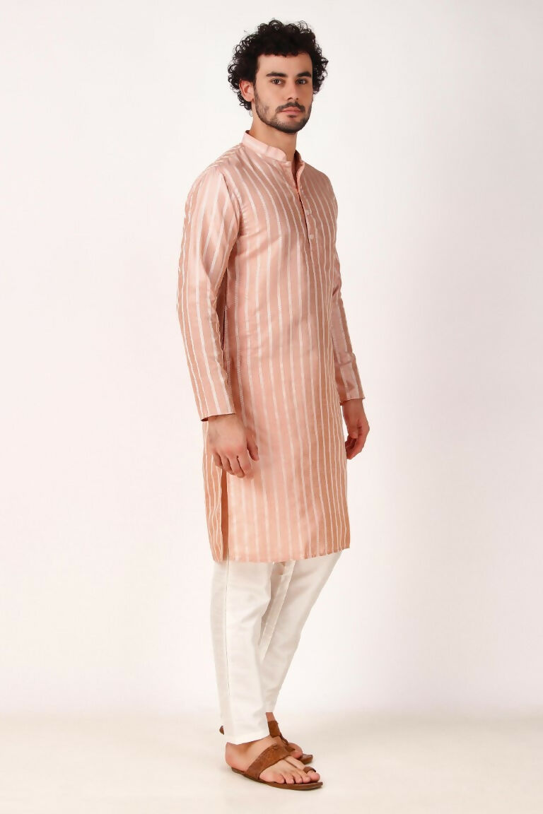 Pink Art Silk Woven Designer Men's Rajwadi Kurta Set - Mahotsav