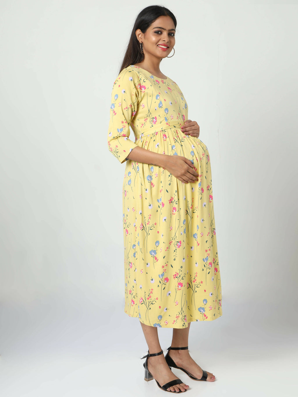 Manet Three Fourth Maternity Dress Floral Print With Concealed Zipper Nursing Access - Yellow