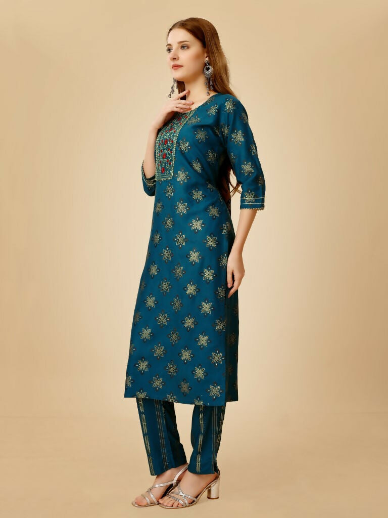 Jyoti Fashion Women's Navy Blue Viscose Rayon Embroidered Kurta Pant Set