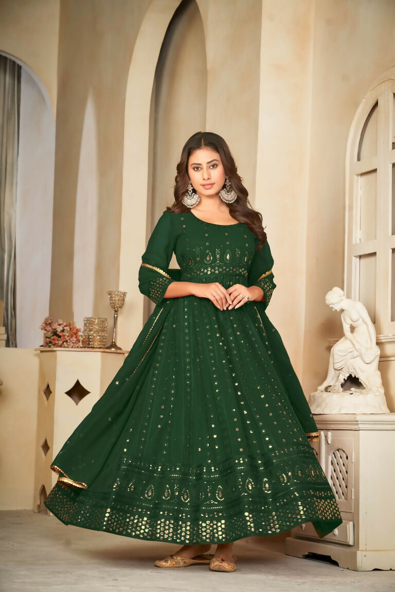 Jyoti Fashion Women's Green Georgette Embroidered Anarkali Kurta Pant Set With Dupatta