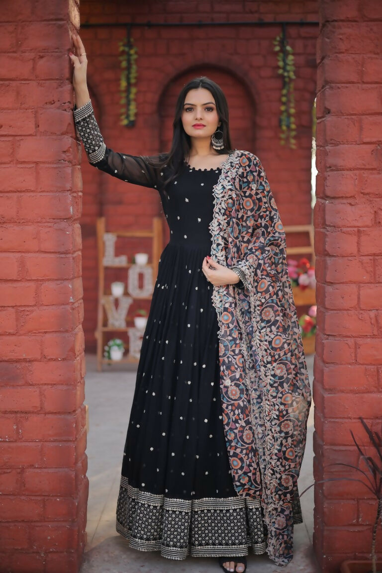 Jyoti Fashion Women's Black Faux Blooming Sequence Zari Embroidered Anarkali Dress with Dupatta