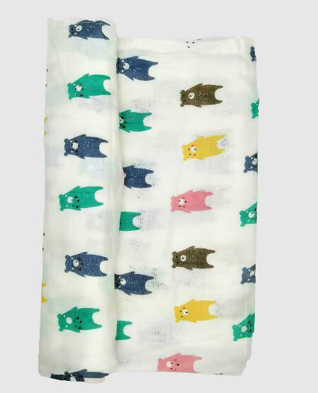 Kindermum Organic Cotton Muslin Swaddle Blanket 110 Cm X 110 Cm - Set Of 2 - Colorful Polka And Bear