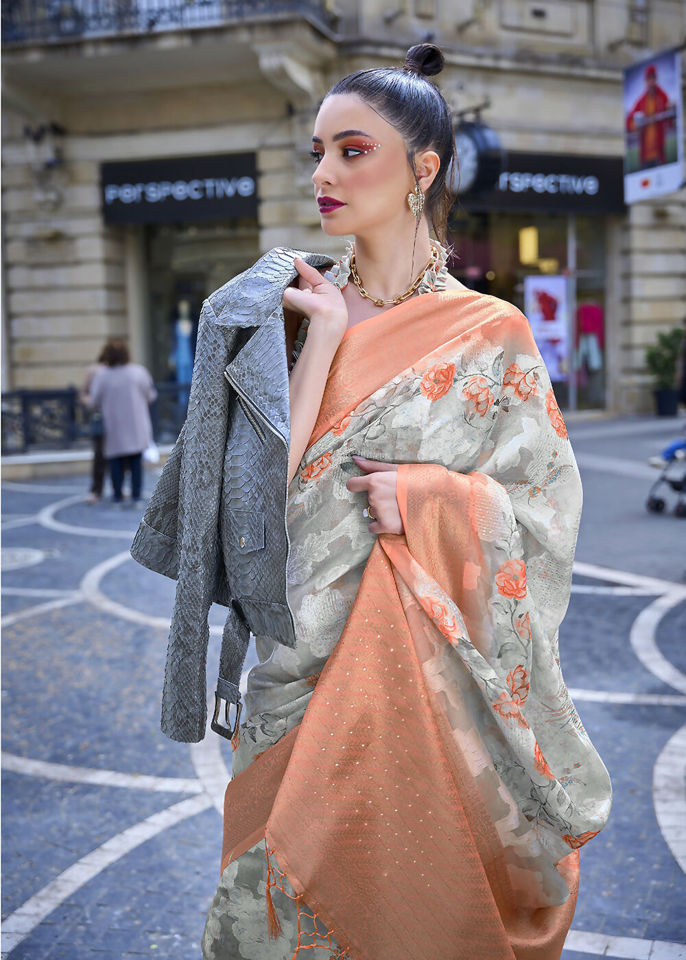 Lovely Orange & Cream Polly Brasso Designer Saree - Emponline