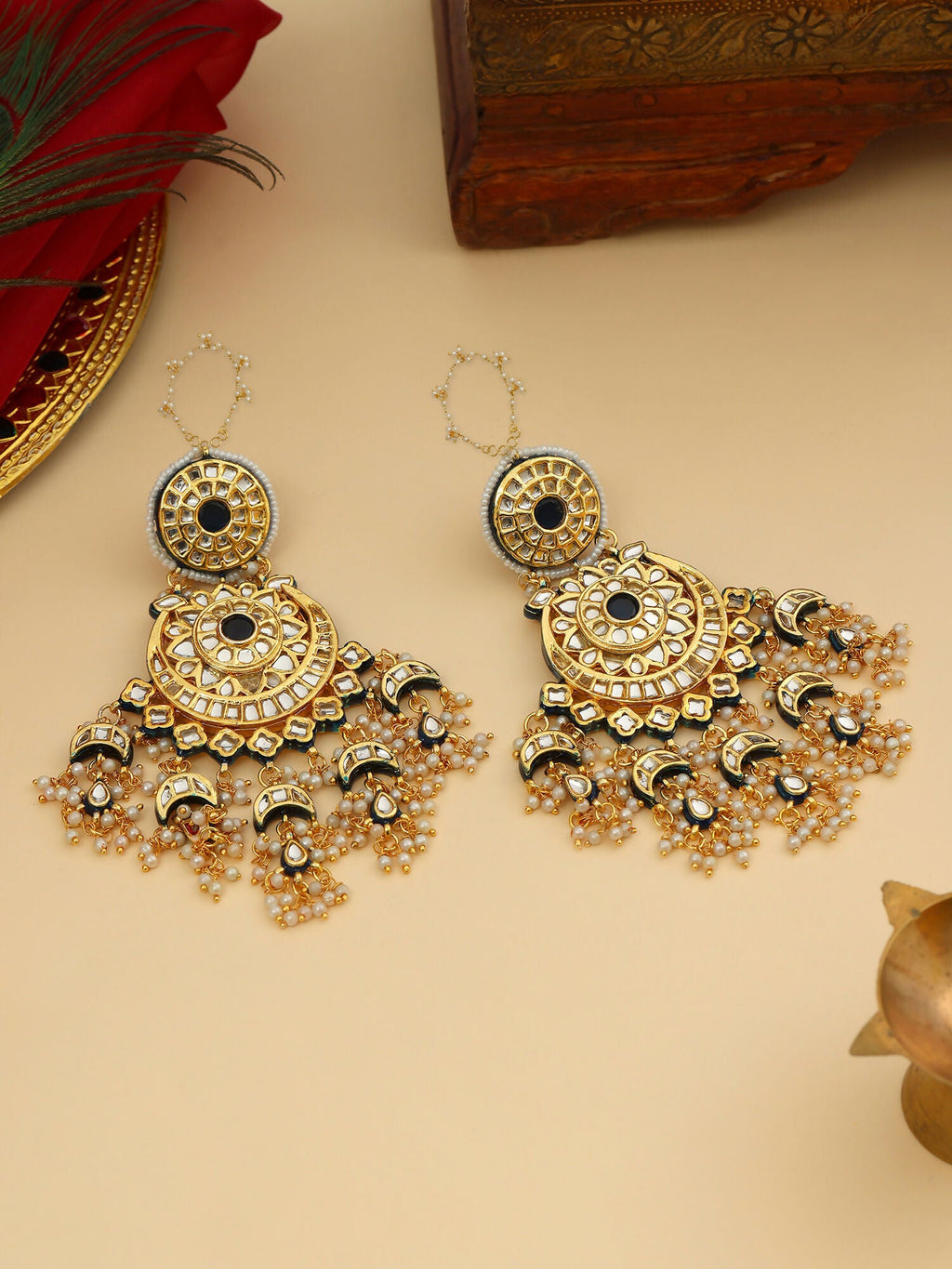 Ruby Raang 22k Gold Polished Kundan Chand Earrings With Ear Chains