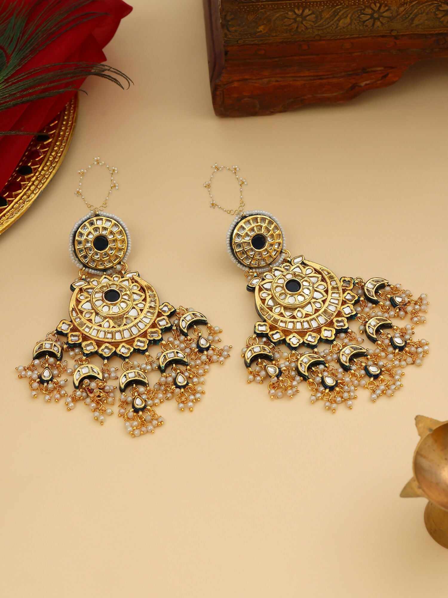 Ruby Raang 22k Gold Polished Kundan Chand Earrings With Ear Chains
