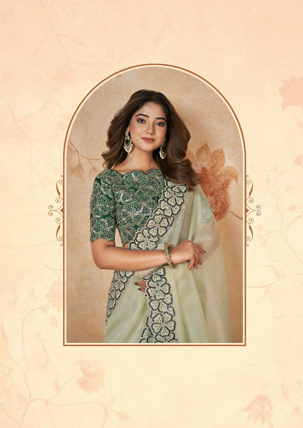 Light Green Net Organza Georgette Thread, Sequence, Cord Embroidered with Moti Work Saree - Mohmanthan Dakshika