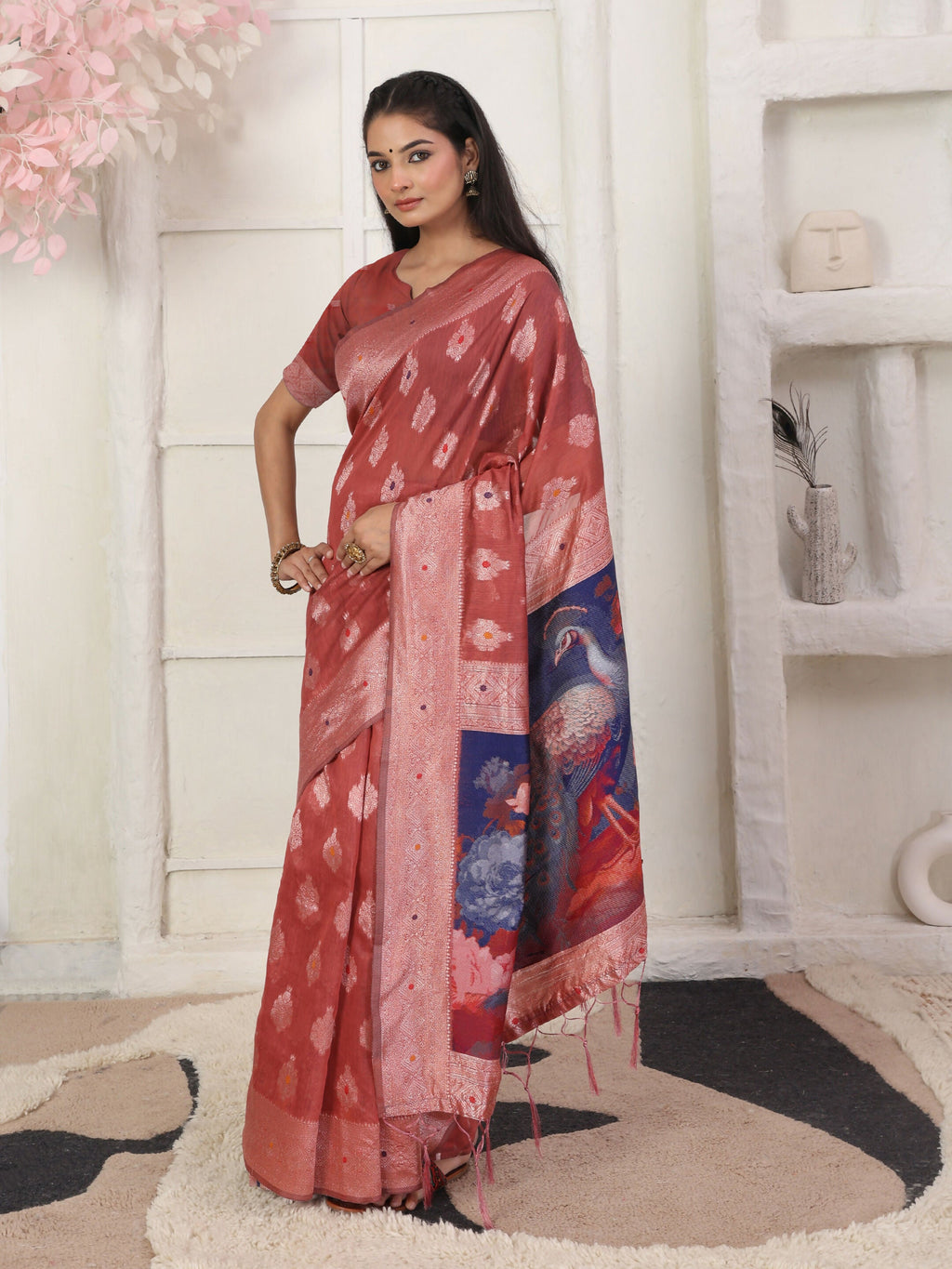 Shree Shyam Fashion Linen Cotton Rust Saree
