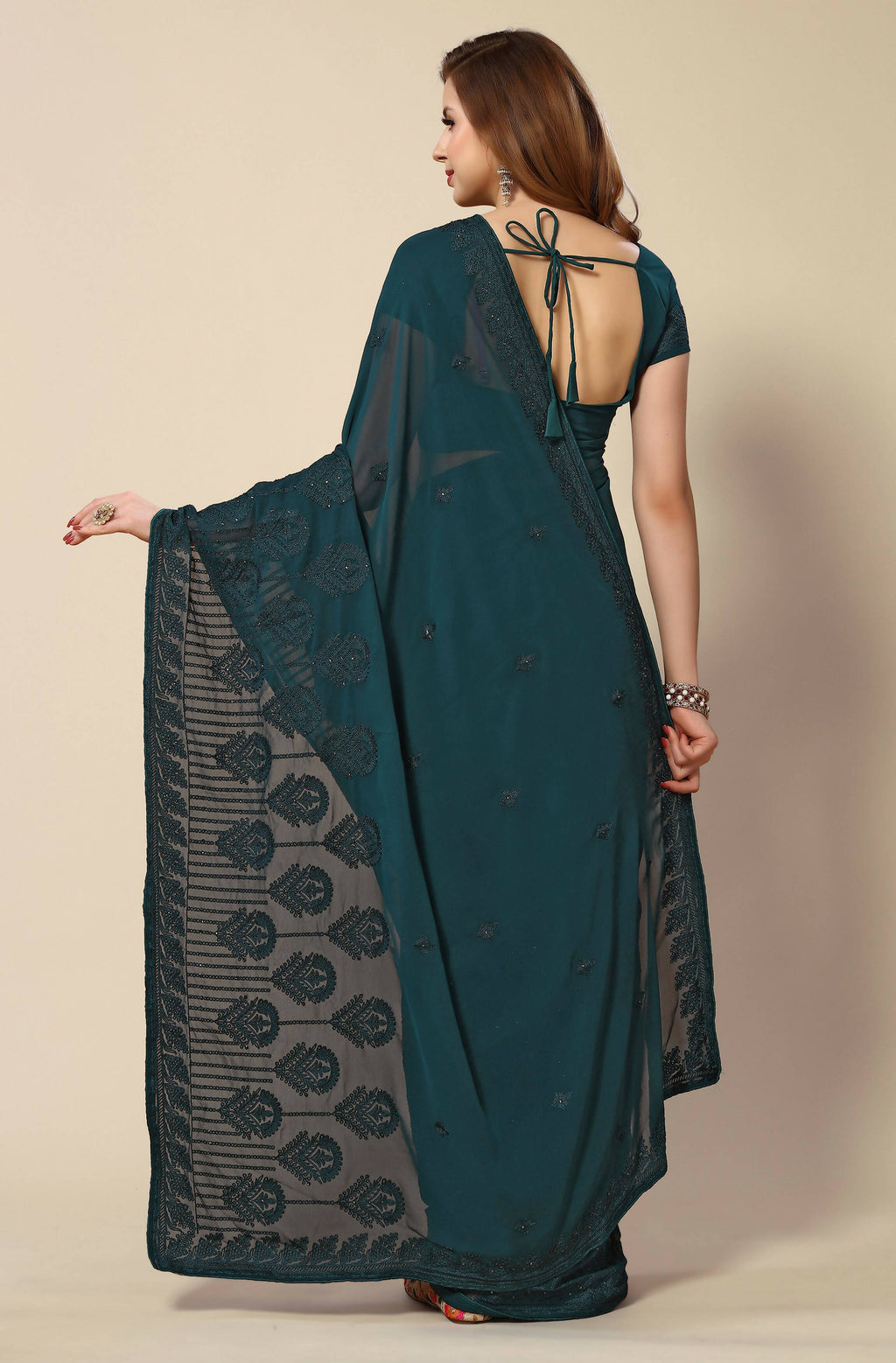 Teal Georgette Embroidered and Stone Work Saree with Unstitched Blouse Piece - Roozal