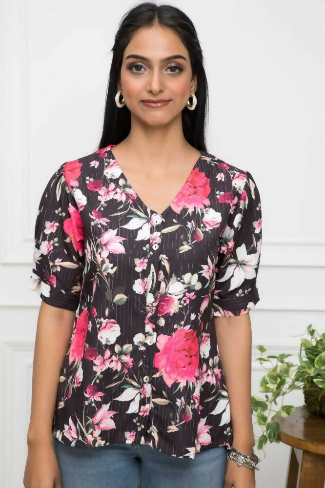 Myshka Women V-Neck Regular Sleeves Viscose Rayon Black Floral Top
