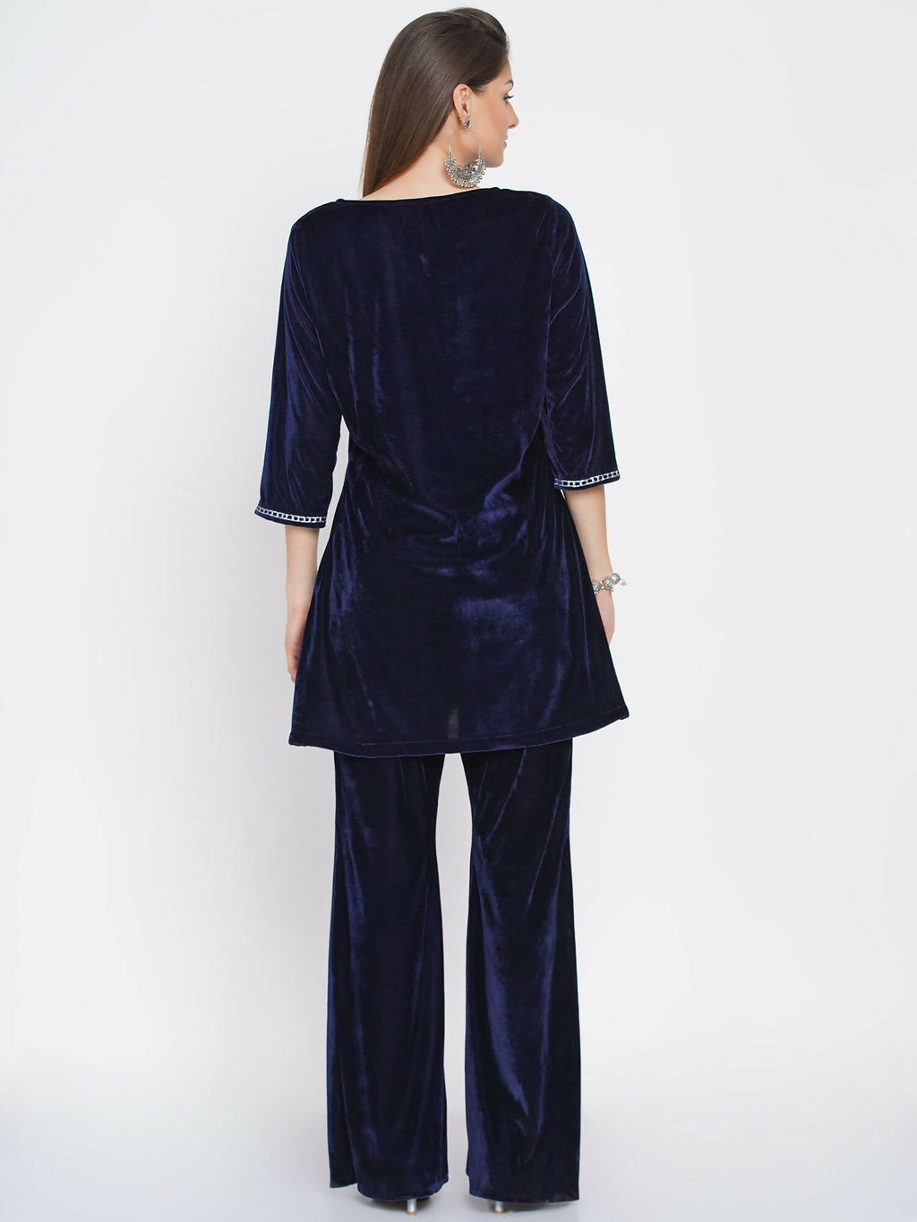 Women Republic Navy Blue Velvet Embroidered Kurta With Bellbottom Pants