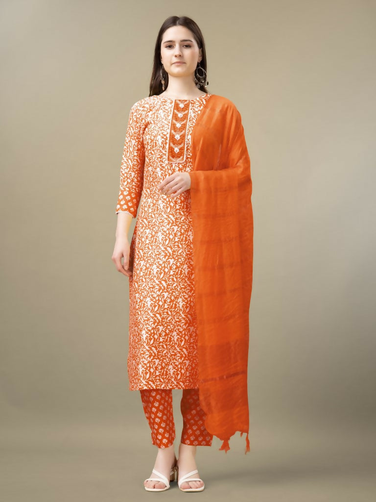 Jyoti Fashion Women's Orange Rayon Embroidery & Sequence work Kurta with Trouser & Dupatta