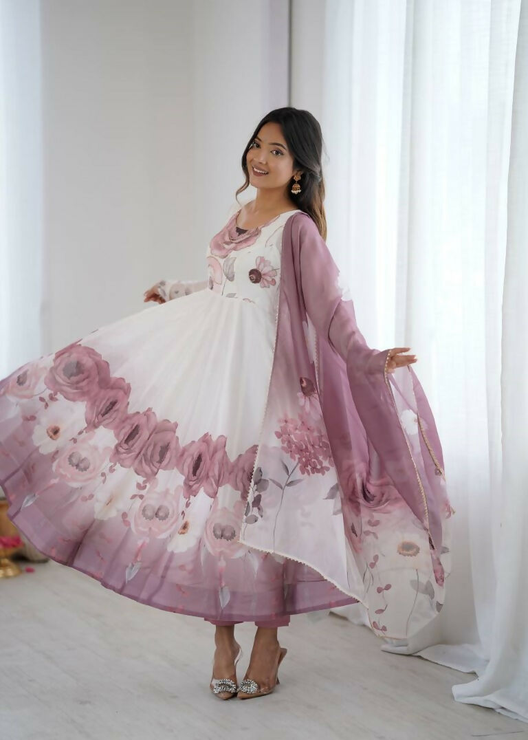 Teeya Creation Onion Color Soft organza Silk Digital Print Party Wear Gown