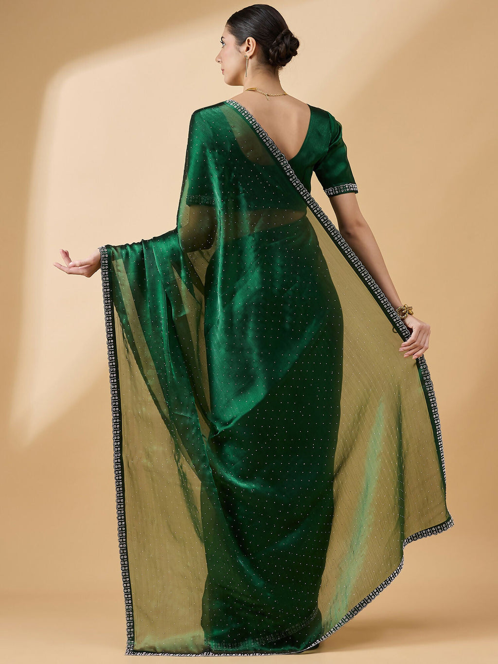 Green Organza Swaroski Diamond Work Saree with Unstitched Blouse - Radha