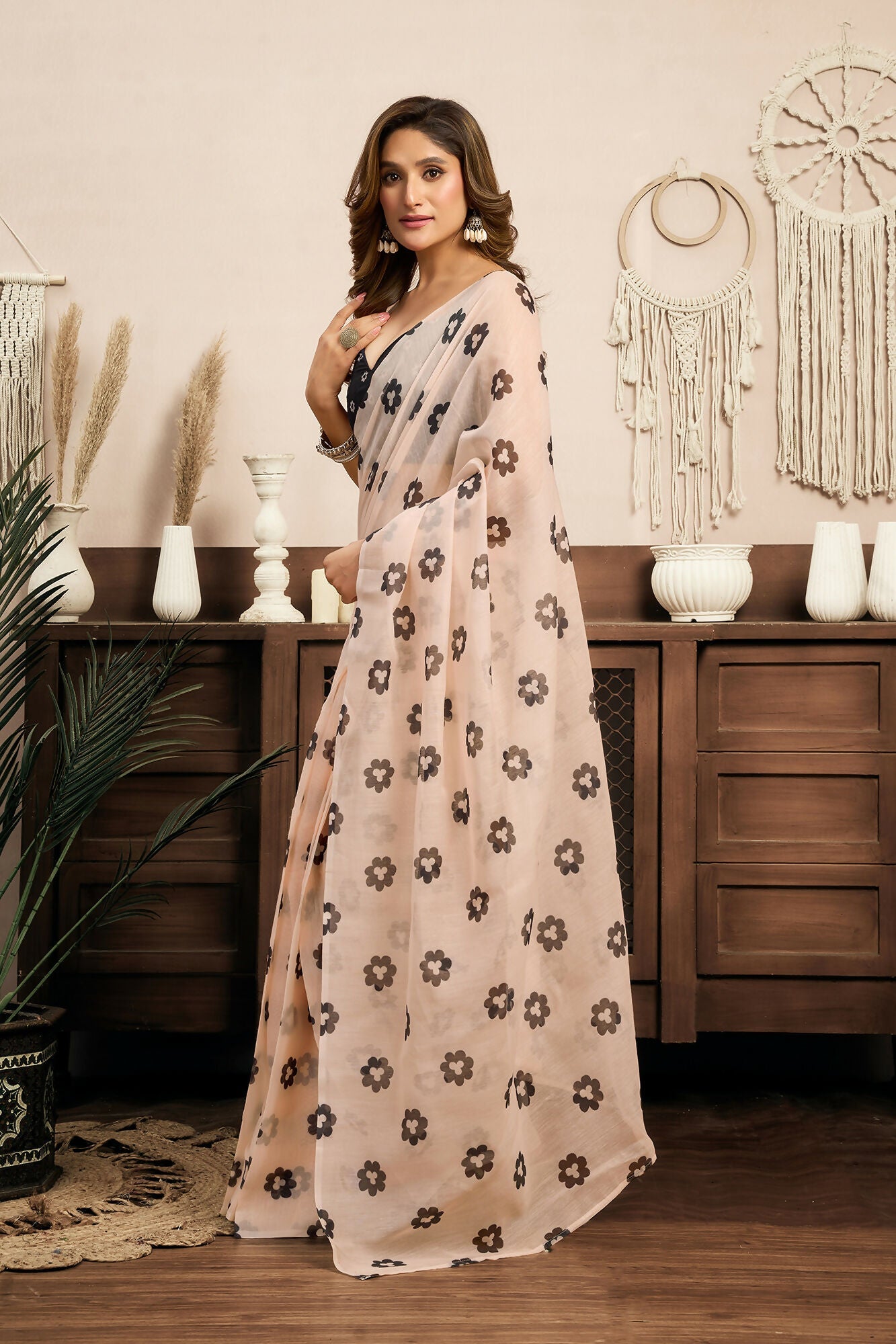 Vastranavya Cream Digital Printed Linen Ready To Wear Designer Saree with Unstitched Blouse