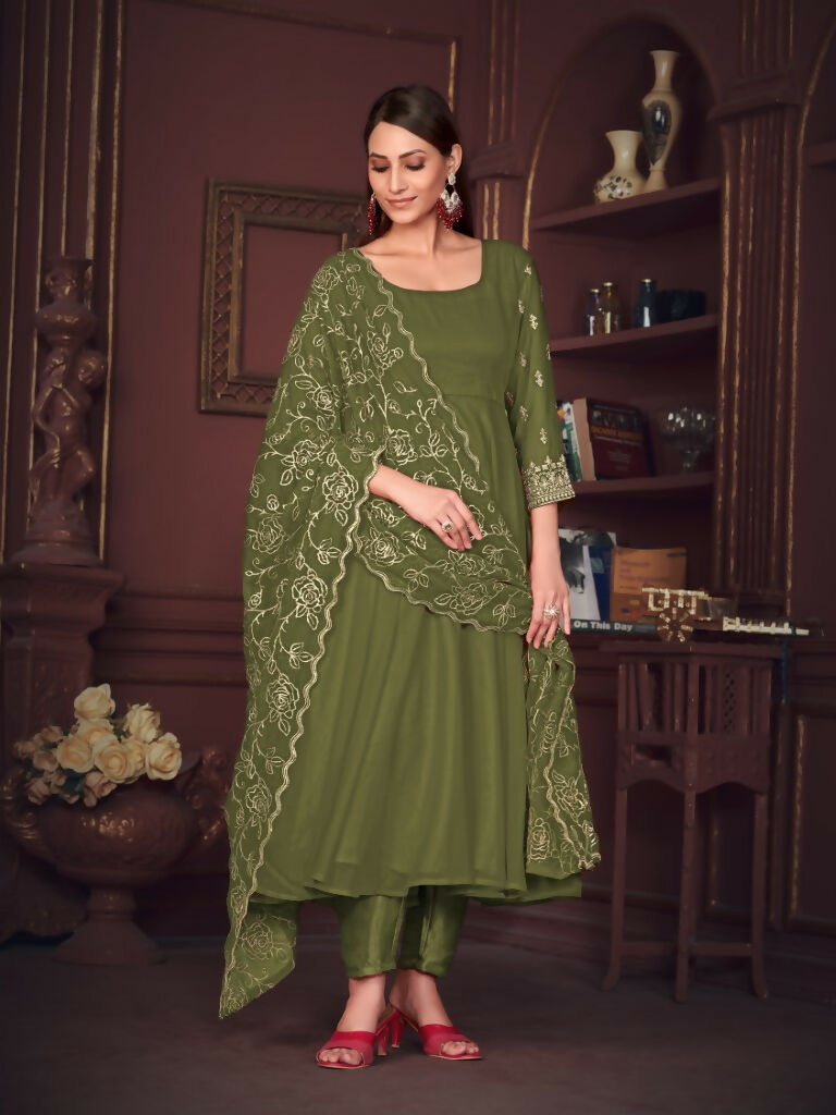 Jyoti Fashion Women's Olive Green Georgette Embroidered Anarkali Kurta Pant Set With Dupatta