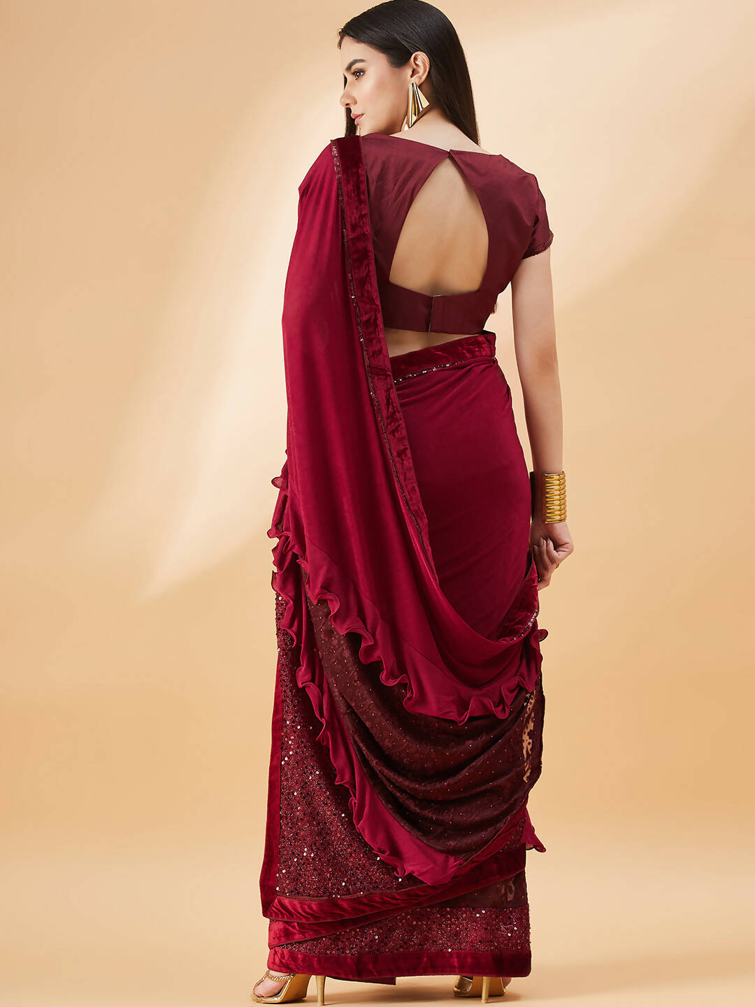 Maroon Lycra Embossed Fancy Velvet, Sequins Embroidery, Frill Details Saree - Norita Hit Design