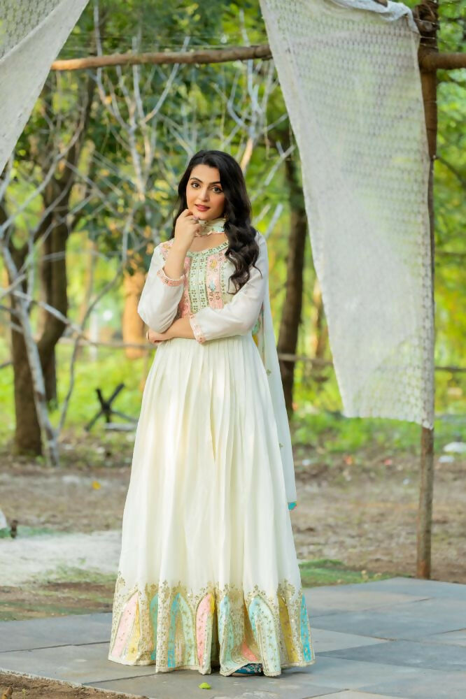 Joban Fashion White Chinnon Silk Sequence Embroidery Work Readymade Kurta Set