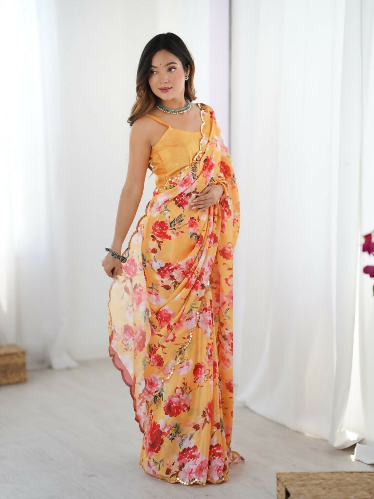 Orange Chinon Designer Digital Printed,Mirror Cut Work Saree - Elayna