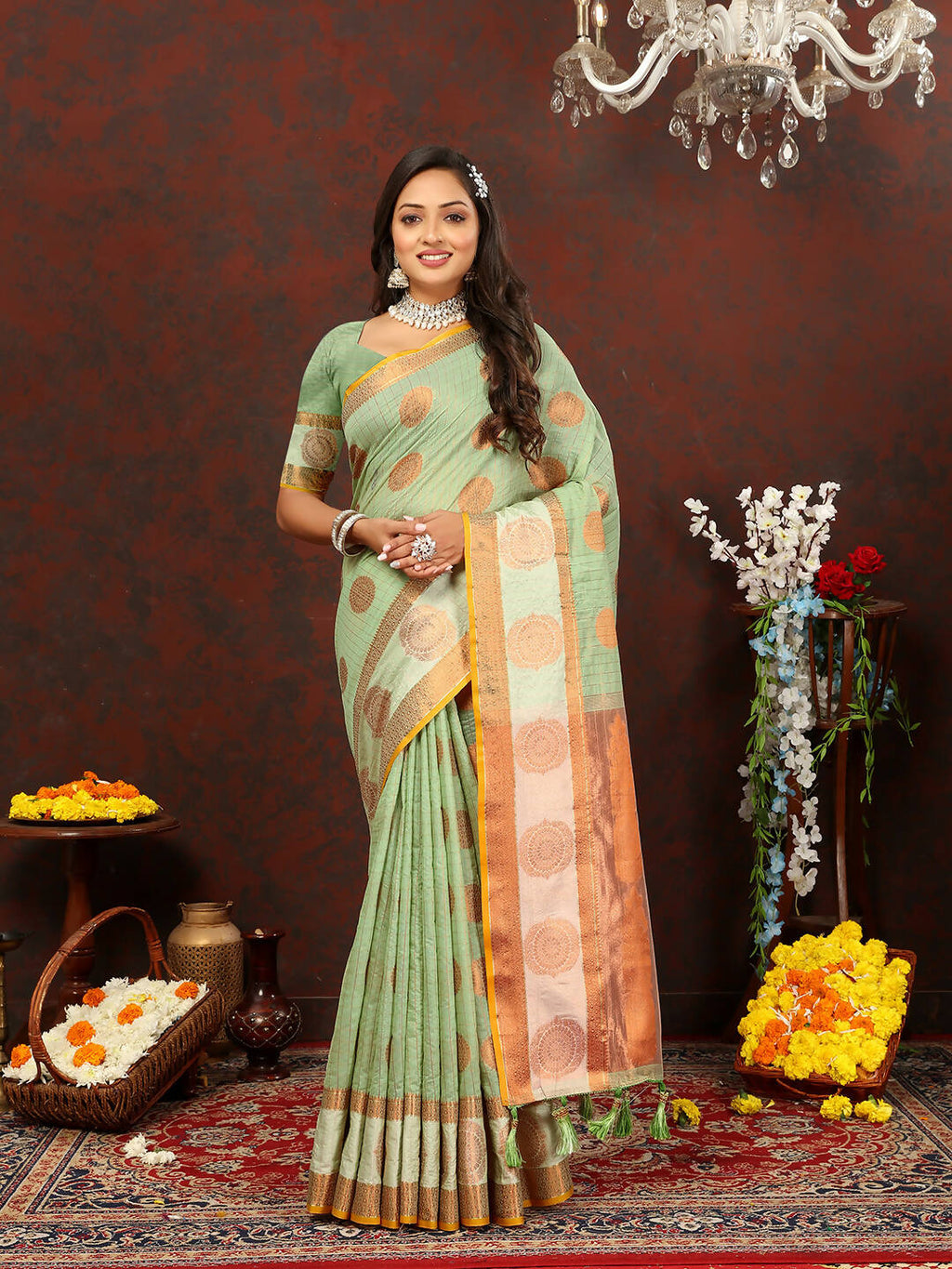 Lorenvalley Fashion Seagreen Cotton with Woven Design Zari Weaving Saree