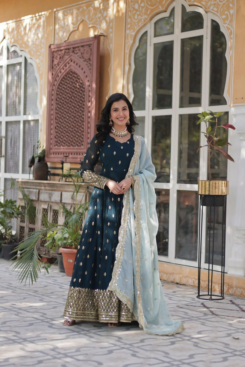 Vastranavya Premium Designer Faux Blooming with Embroidery Zari Sequins work Gown - Teal