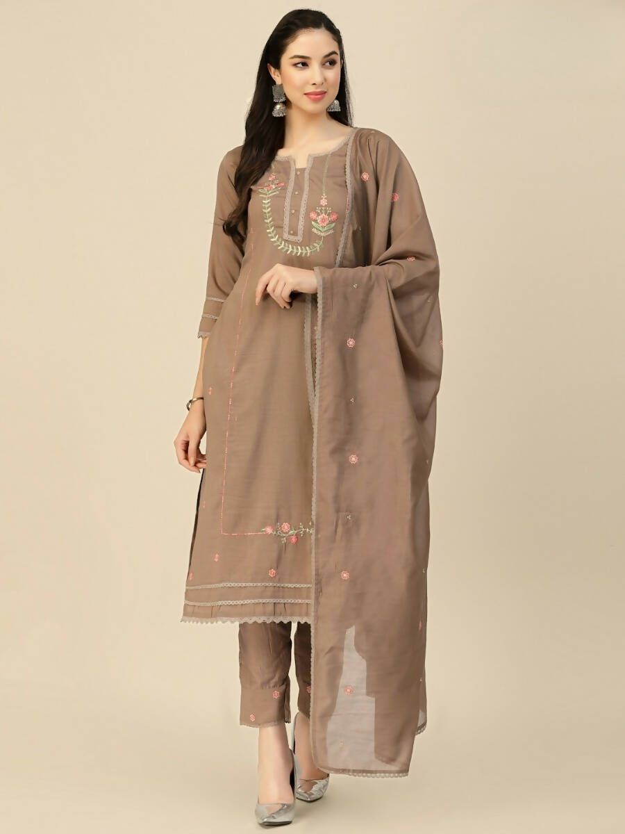 Brown Embroidered Chinon Straight Kurta With Trouser & Dupatta - Salimar