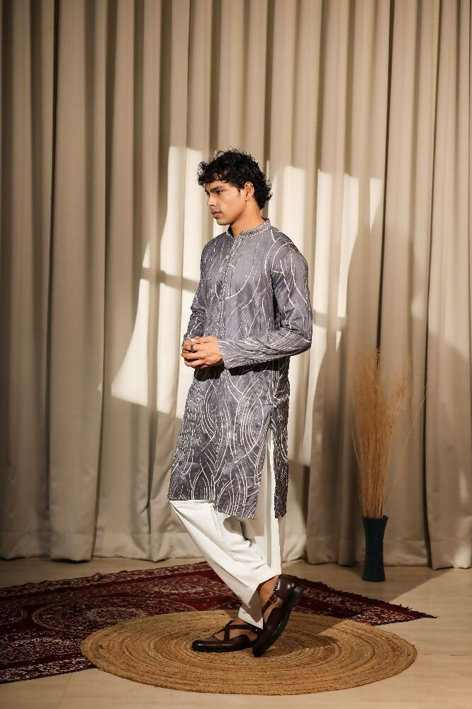 Bluish Grey Viscose Designer Embroidery Work Kurta Set - Mahotsav